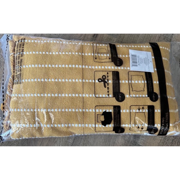 Mustard Yellow with White Stripes & Woven Fringe Lumbar Pillow 20x12" - Picture 2 of 6